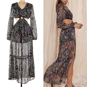 Raga Metallic Floral Cut-out Open Back Maxi Dress - Summer Flowy Vacation